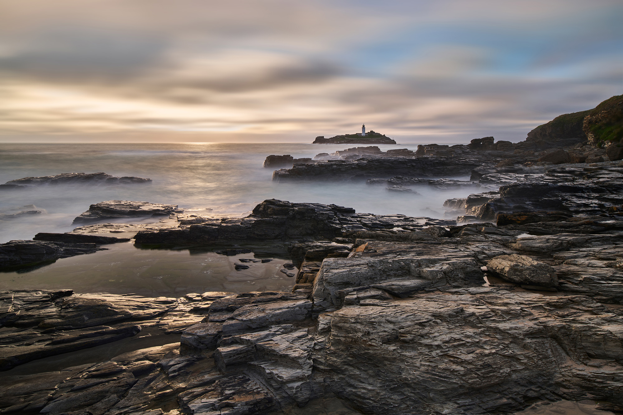 Godrevey Lighthouse sunset PG